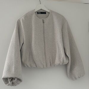 Zara Light Gray Cropped Wool-Blend Bomber Jacket
